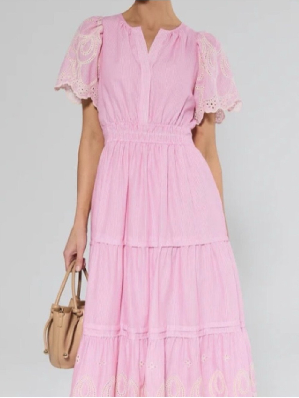 Avara Pink Eyelet Sleeve Tiered Midi Dress